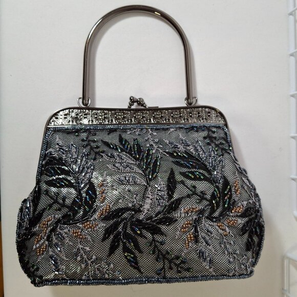 Vintage Small Tapestry Beaded Evening Purse Metal Top Handle, Crossbody Chain - Picture 2 of 16